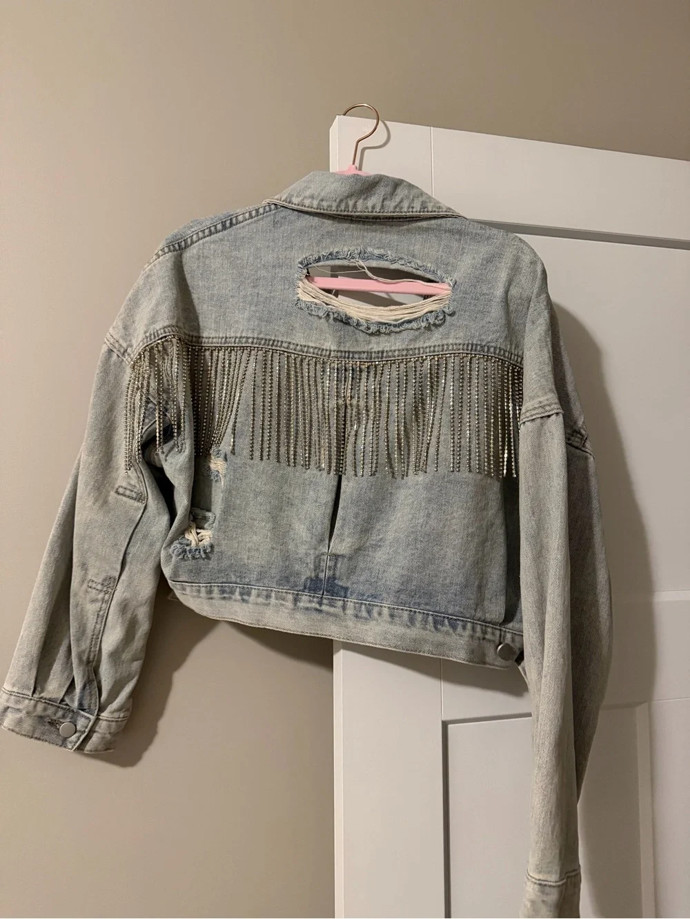 REVOLVE Light Blue Cropped Distressed Denim Jacket